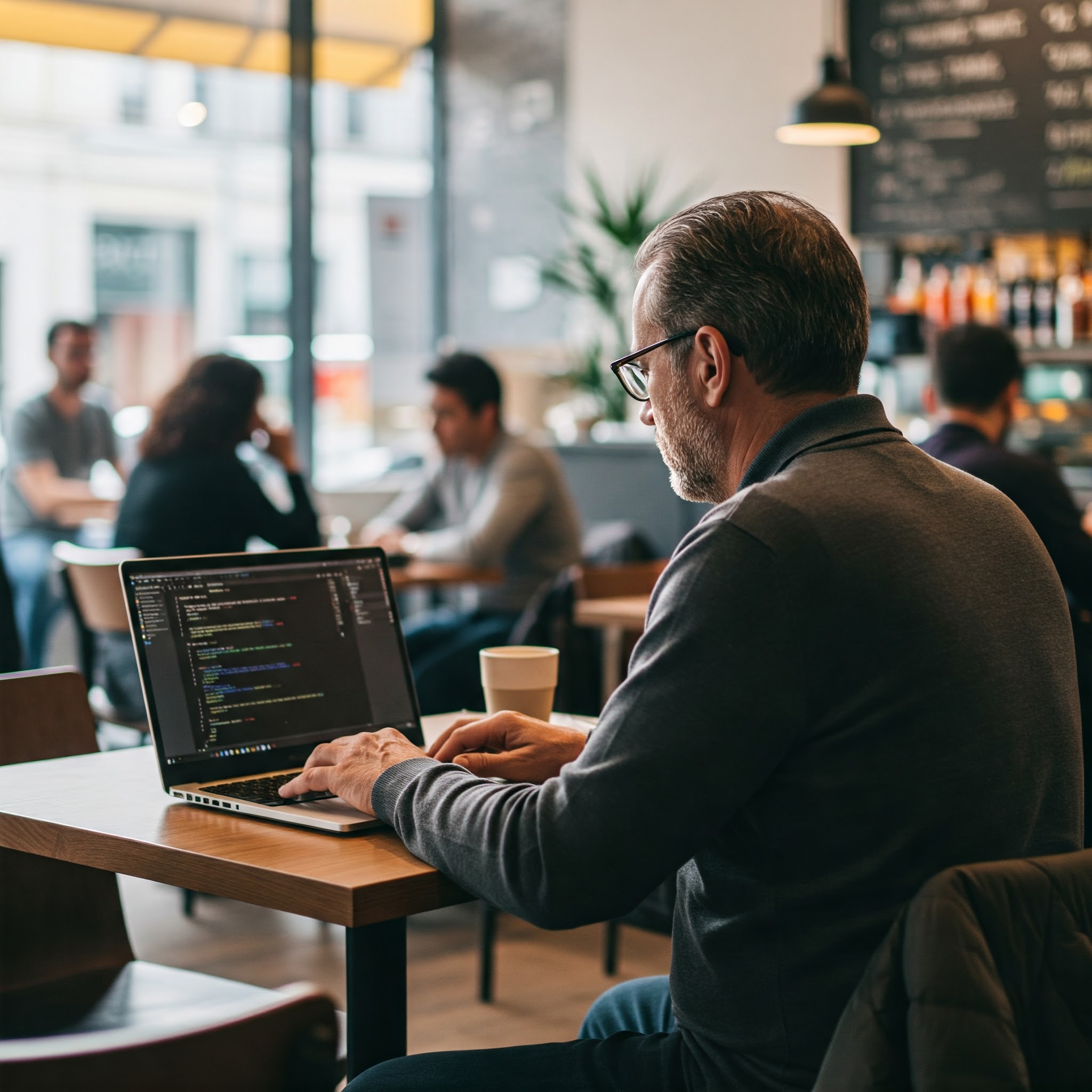 A developer writing code in a cafe